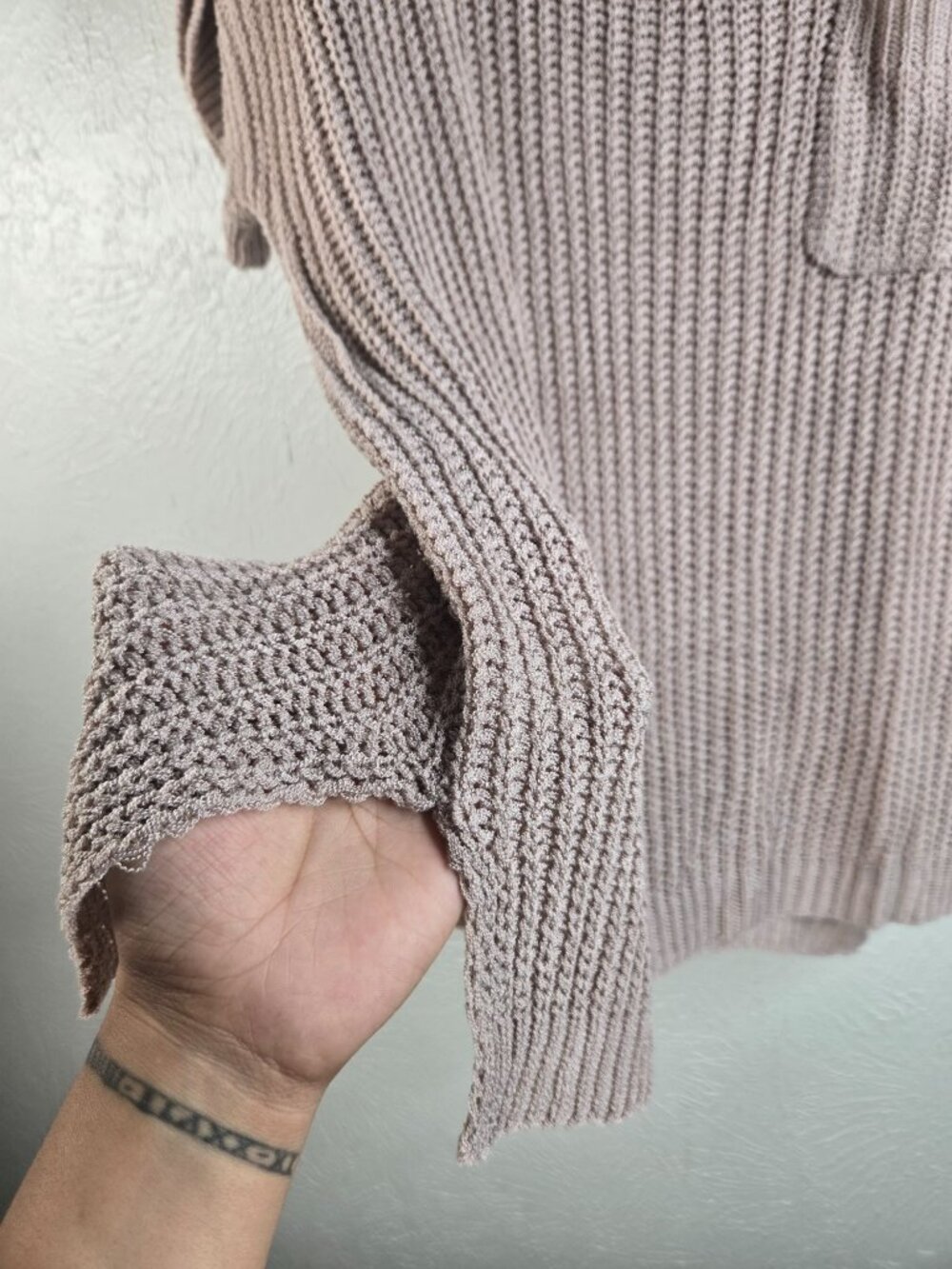 Open Knit Oversized Top Med Taupe Short Sleeve Realaxed Slouchy Cover Up Shirt - Picture 11 of 11